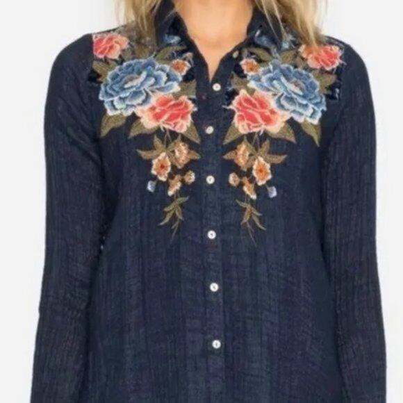 Johnny Was Tops - Johnny Was Forest Velvet Mix Shirt Blue S